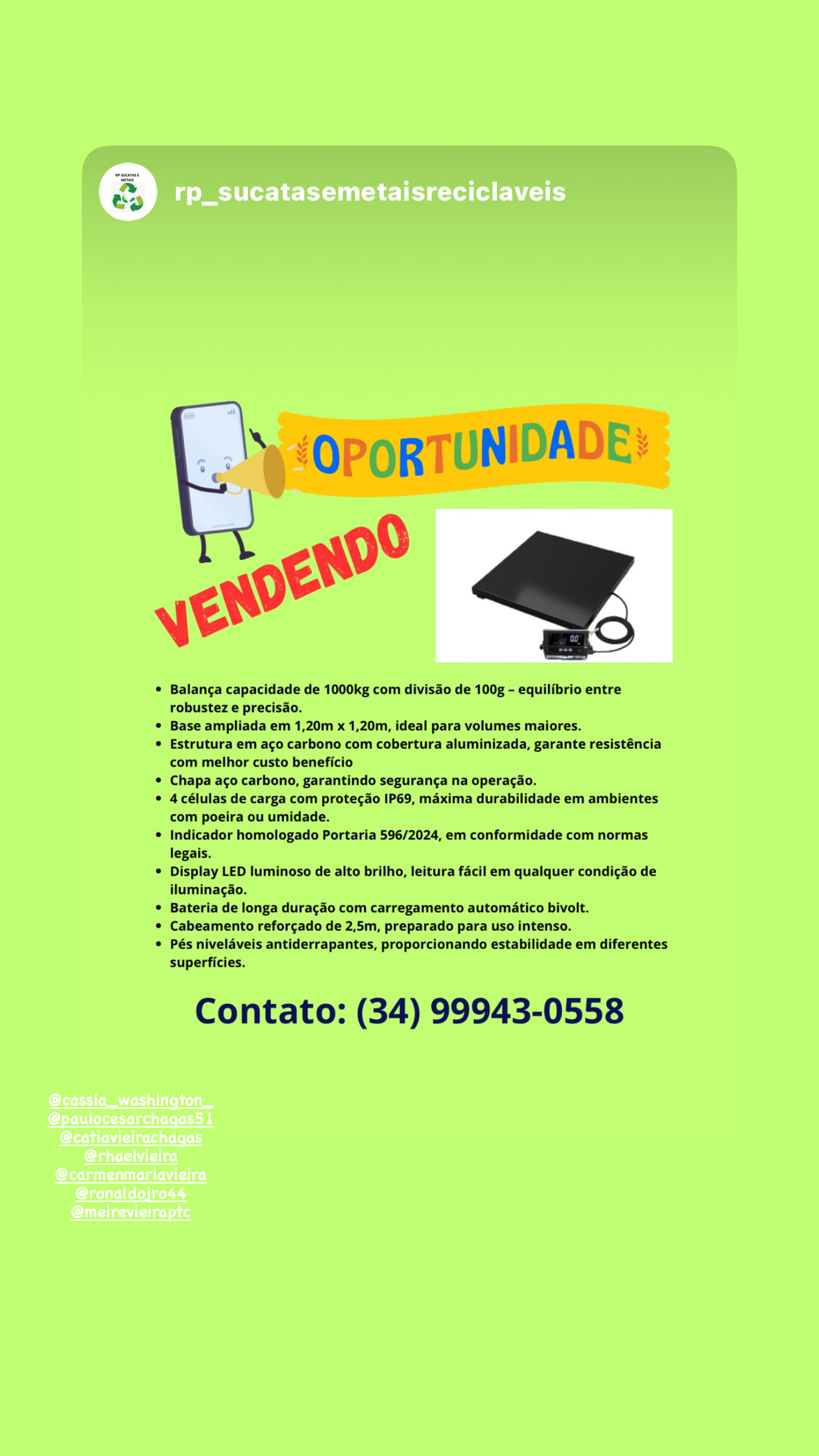 Balança 1000kg plataforma 1,20x1,20